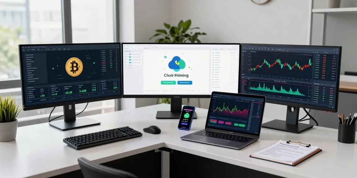 Safe cloud mining service showcased in a modern crypto trading workspace with multiple monitors and digital wallet interface.