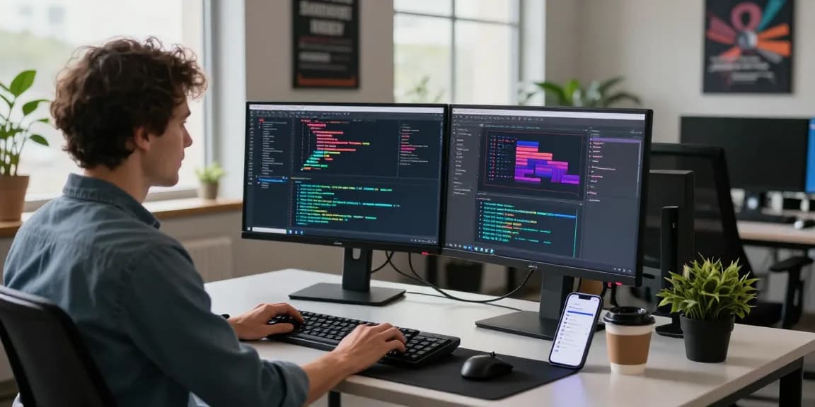 Dynamic tech workspace showcasing coding and design elements with telegram官网 at the forefront.