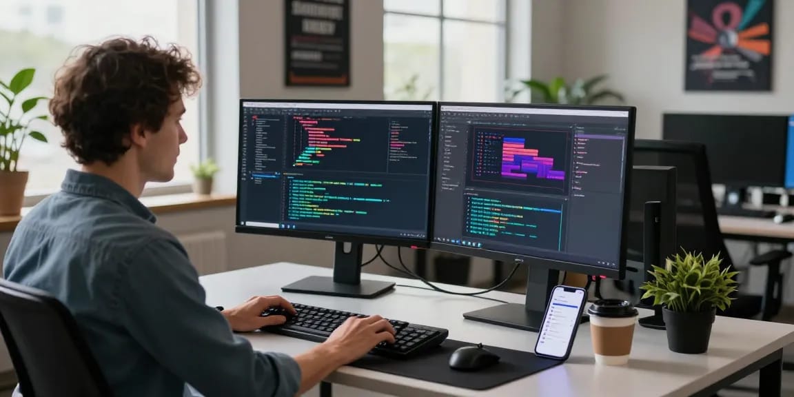 Dynamic tech workspace showcasing coding and design elements with telegram官网 at the forefront.