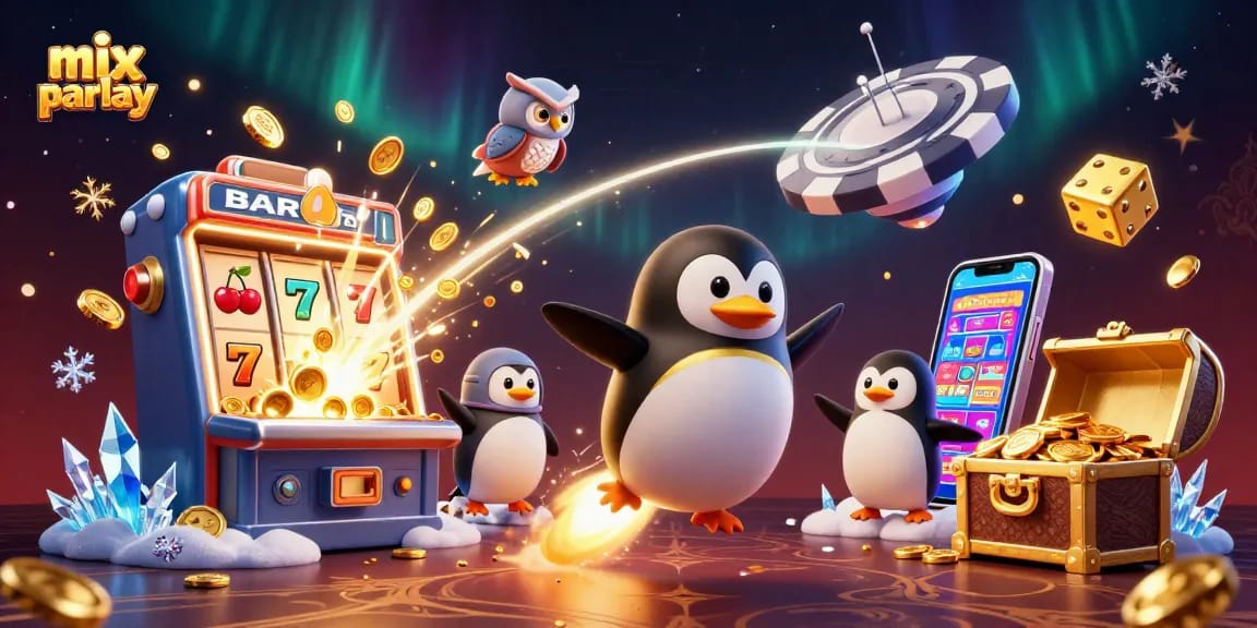 Experience mix parlay betting with dynamic 3D illustration of a golden penguin in space.