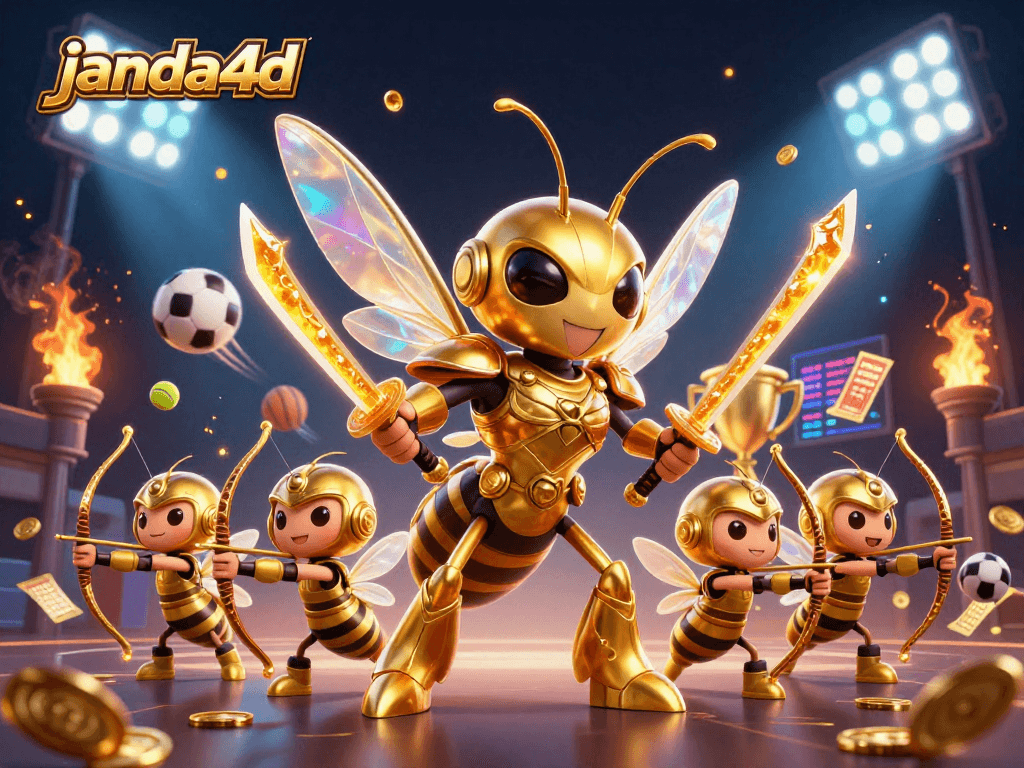 Experience janda4d with a vibrant illustration of a samurai hornet and bee archers, engaging in dynamic sports betting.