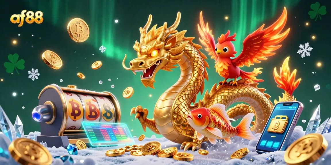 Experience the thrilling features of af88, showcasing a golden dragon and phoenix amid vibrant casino elements.