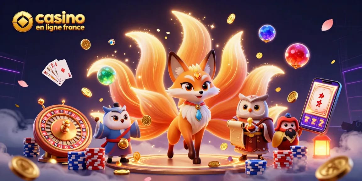 Casino en ligne France : découvrez l'animation vibrant d'un esprit à neuf queues entouré de symboles de jeu.