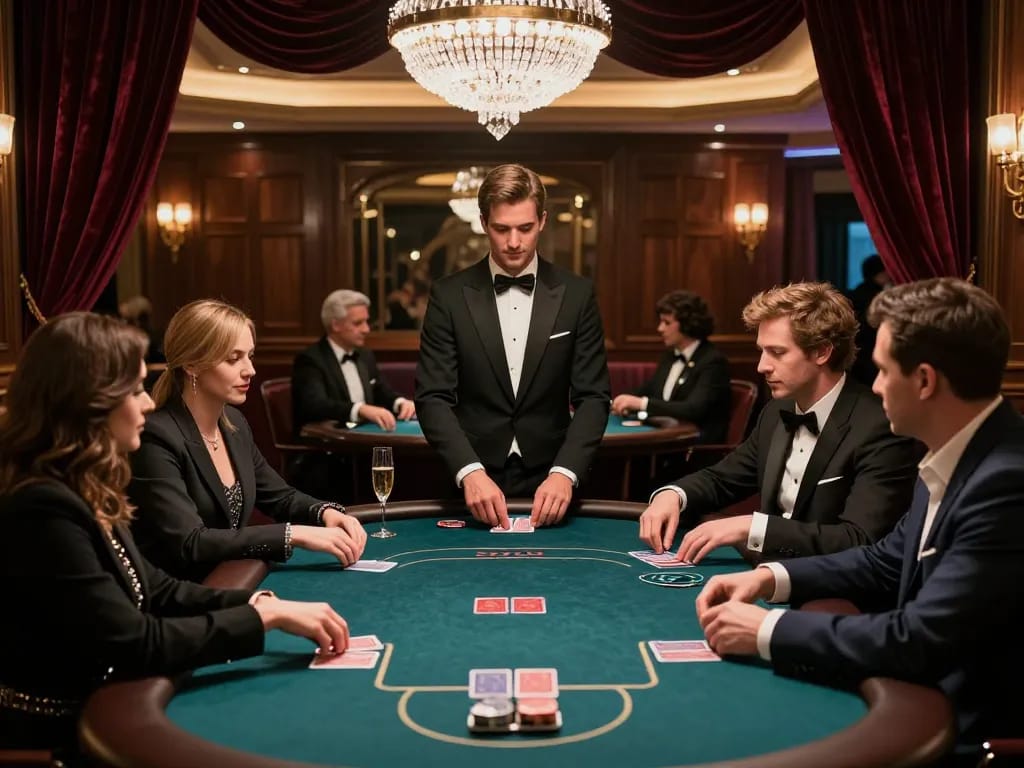 An engaged poker game session in a luxurious setting, showcasing g28-t1 players strategizing with professional dealers