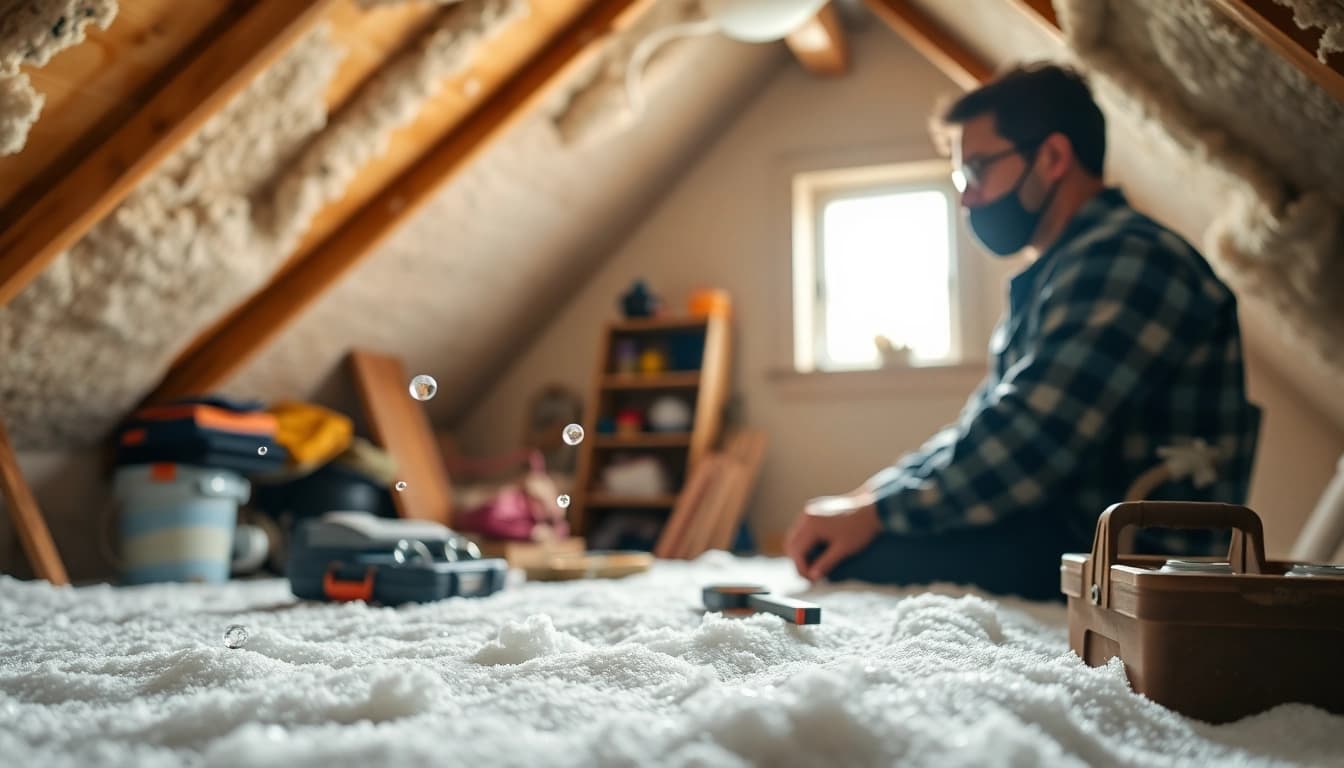 Addressing spray foam condensation issues in an attic with contractor and tools.