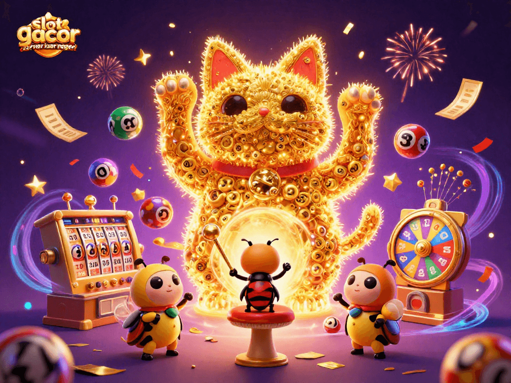 Engage with slot gacor server luar negeri, featuring a lucky cat and vibrant casino symbols in a lively 3D illustration.