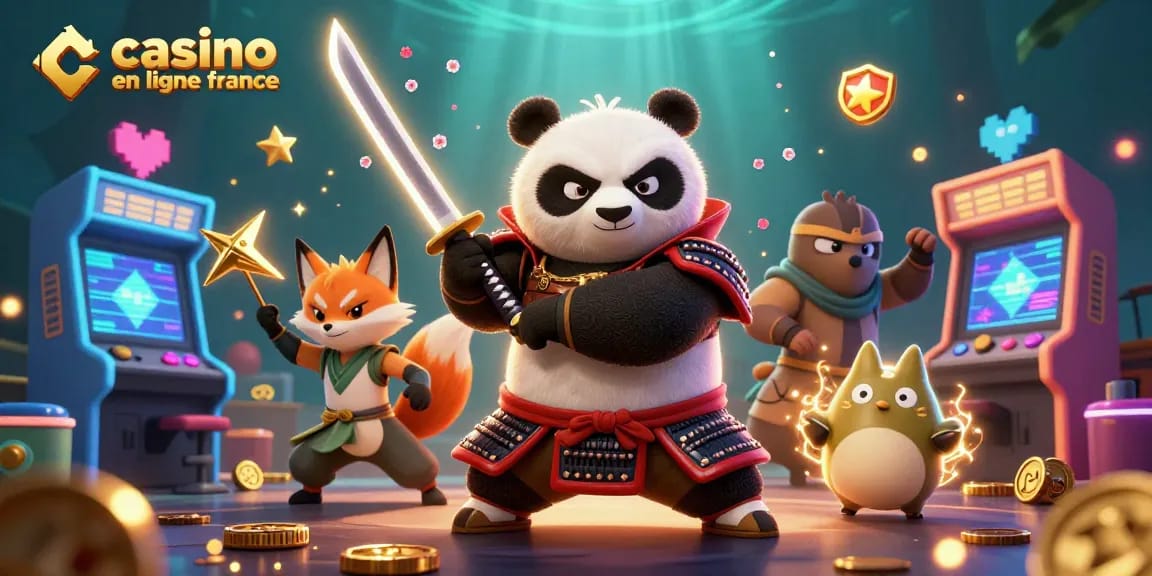 Vivez l'excitation du casino en ligne France avec ce panda samouraï et un renard ninja.