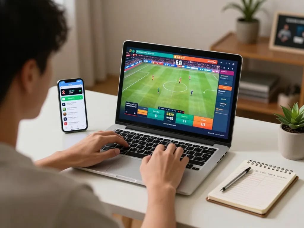 Engaging with kèo nhà cái for online sports betting, person placing strategic bets at home with laptop display.
