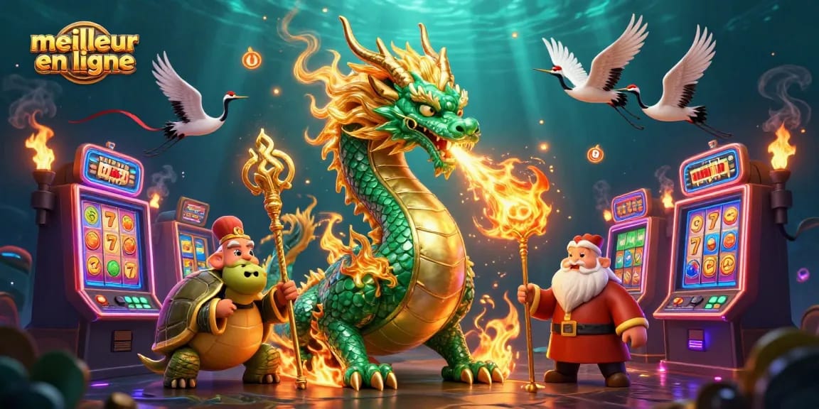Illustration captivante du meilleur casino en ligne avec dragon, sage et grues porte-bonheur.