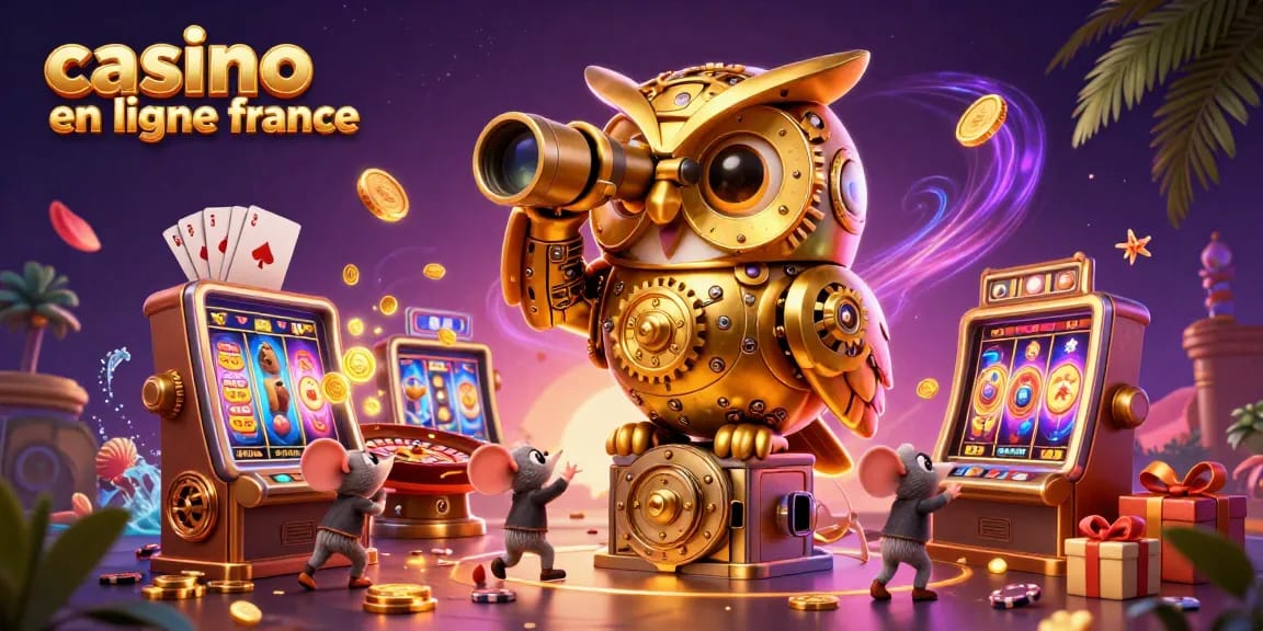 Illustration d'un casino en ligne France montrant une chouette à rouages et des souris jouant aux machines à sous.