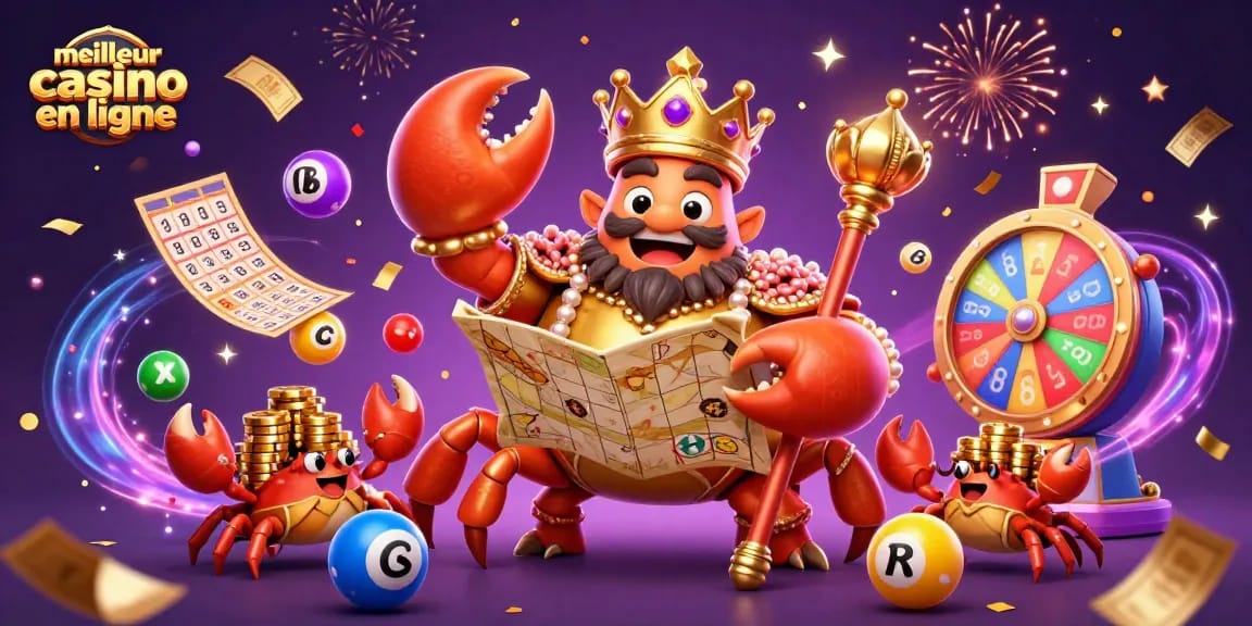 Vivez l'expérience du meilleur casino en ligne avec une illustration 3D captivante de personnages et éléments festifs.