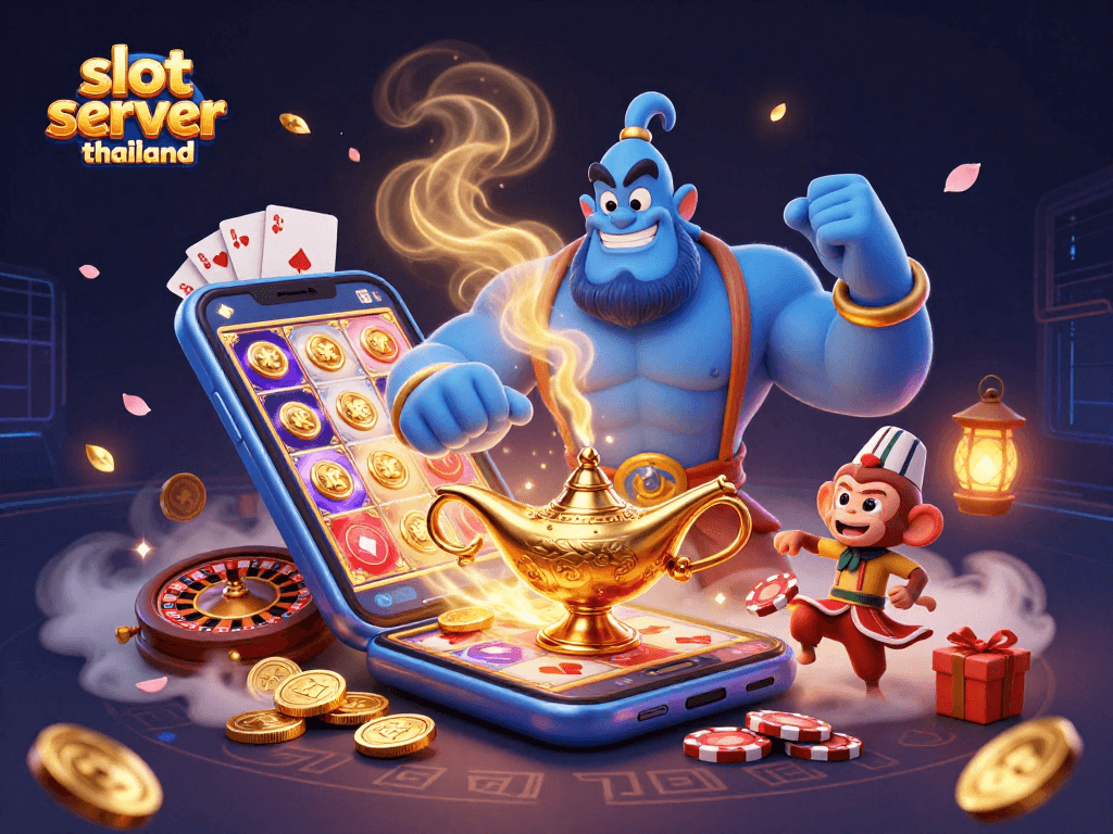 Engage with vibrant slot server thailand imagery showcasing a genie, monkey, and casino themes.