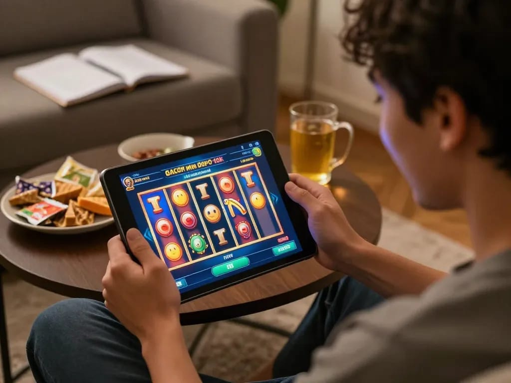 Player enjoying slot gacor min depo 10k gameplay on tablet in a cozy environment.