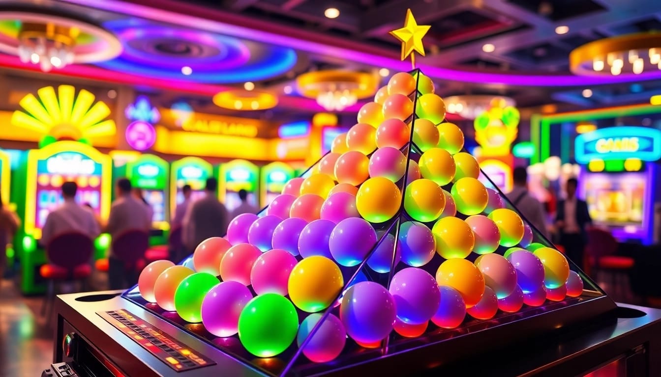 Menangkan permainan plink slot dengan bola yang mendebarkan di latar kasino yang meriah.