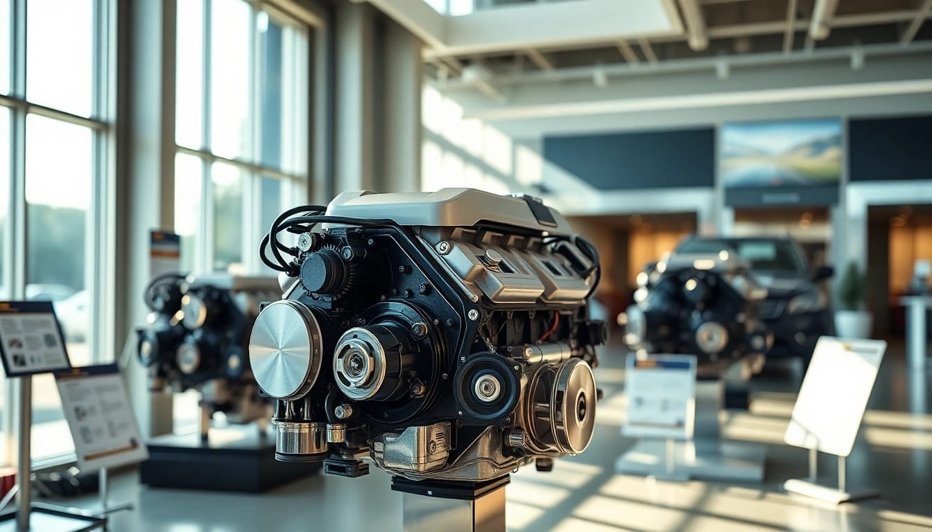 Showcase of used engines highlighting their quality and reliability in a modern showroom.