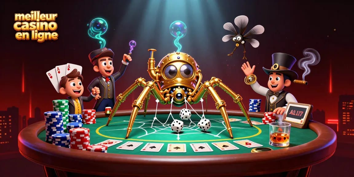 Visualisez le meilleur casino en ligne avec une araignée steampunk dorée tissant un réseau de jetons.