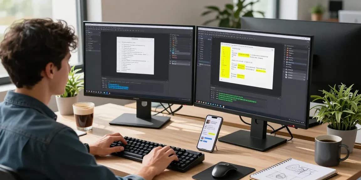 Dynamic workspace showcasing Snipaste下载 on dual monitors, vibrant tech atmosphere with a developer at work.