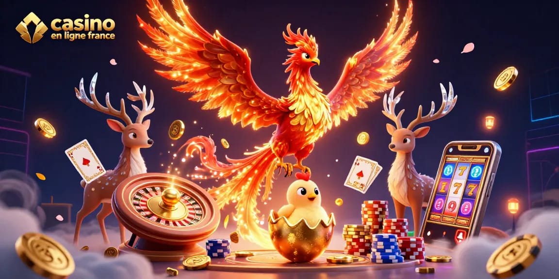 Illustration dynamique représentant un casino en ligne France avec des personnages fantastiques et des éléments de jeu