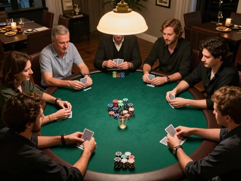 S666 players enjoying thrilling poker match in upscale setting with friends, engaging in social strategy and friendly competition.