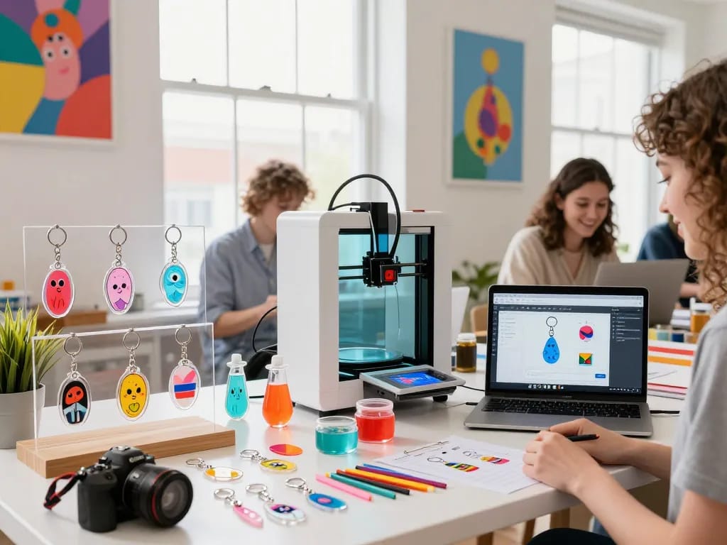 Custom clear acrylic keychain manufacturer creating vibrant designs in a creative workspace