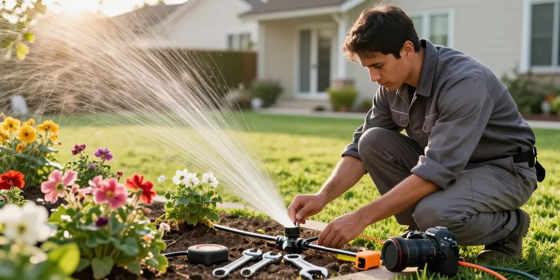 Professional Irrigation Services in Willow park, TX technician inspecting a drip irrigation system in a vibrant garden.