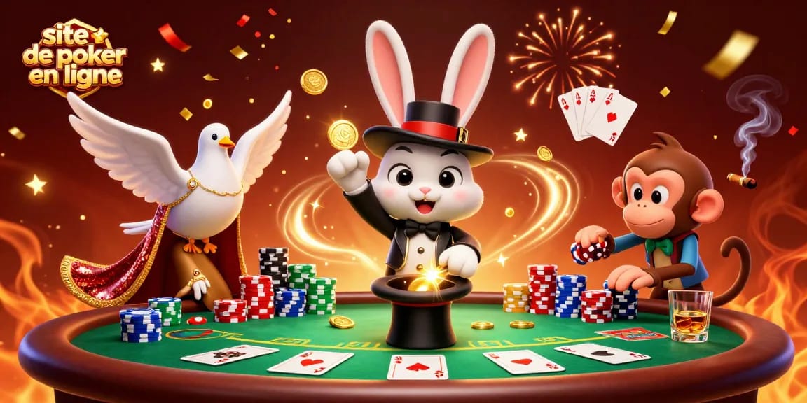 Découvrez une scène animée sur un site de poker en ligne, avec des personnages 3D et des éléments de jeu attrayants.