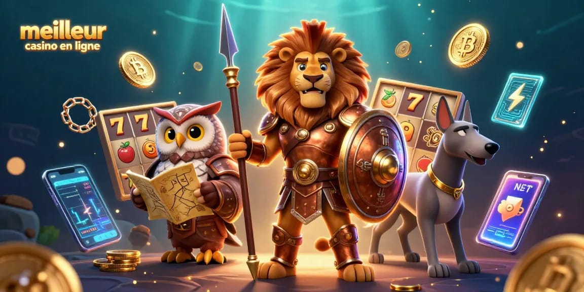 Vivez l'expérience du meilleur casino en ligne avec un lion spartiate et des symboles de machines à sous.