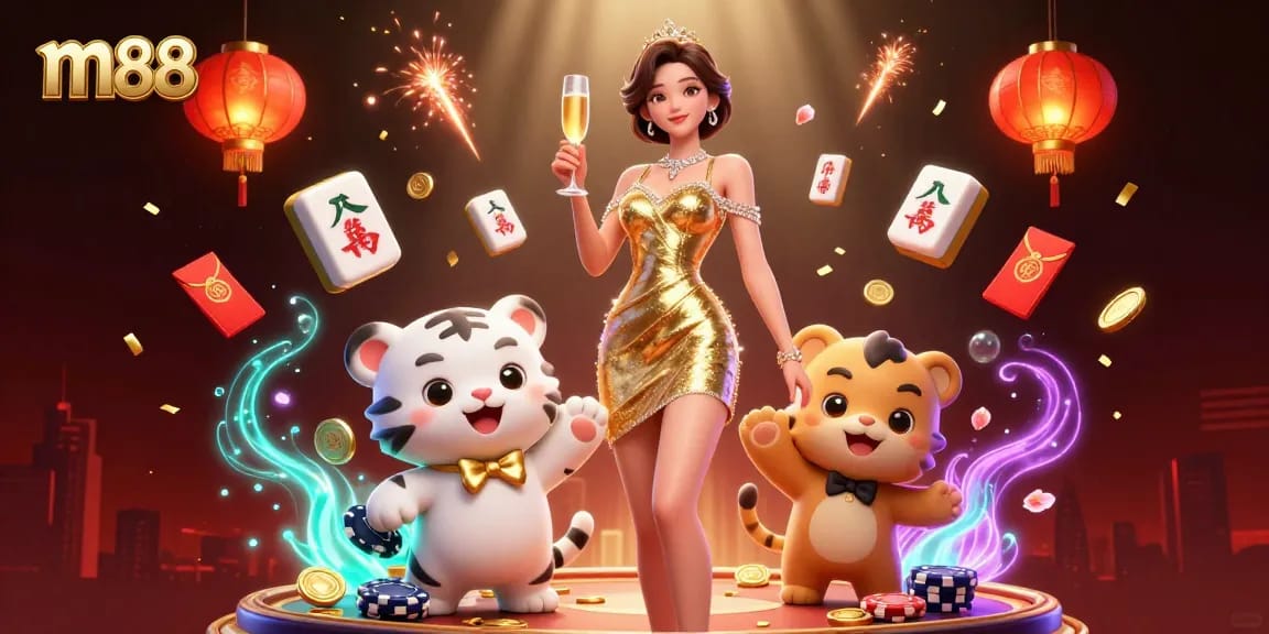 Experience winning vibes with m88 in a glamorous casino scene featuring lucky charm elements.