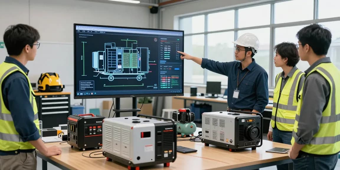 Engineers collaborating on PowerLink energy solutions with diesel and gas-powered generators in a professional workshop.