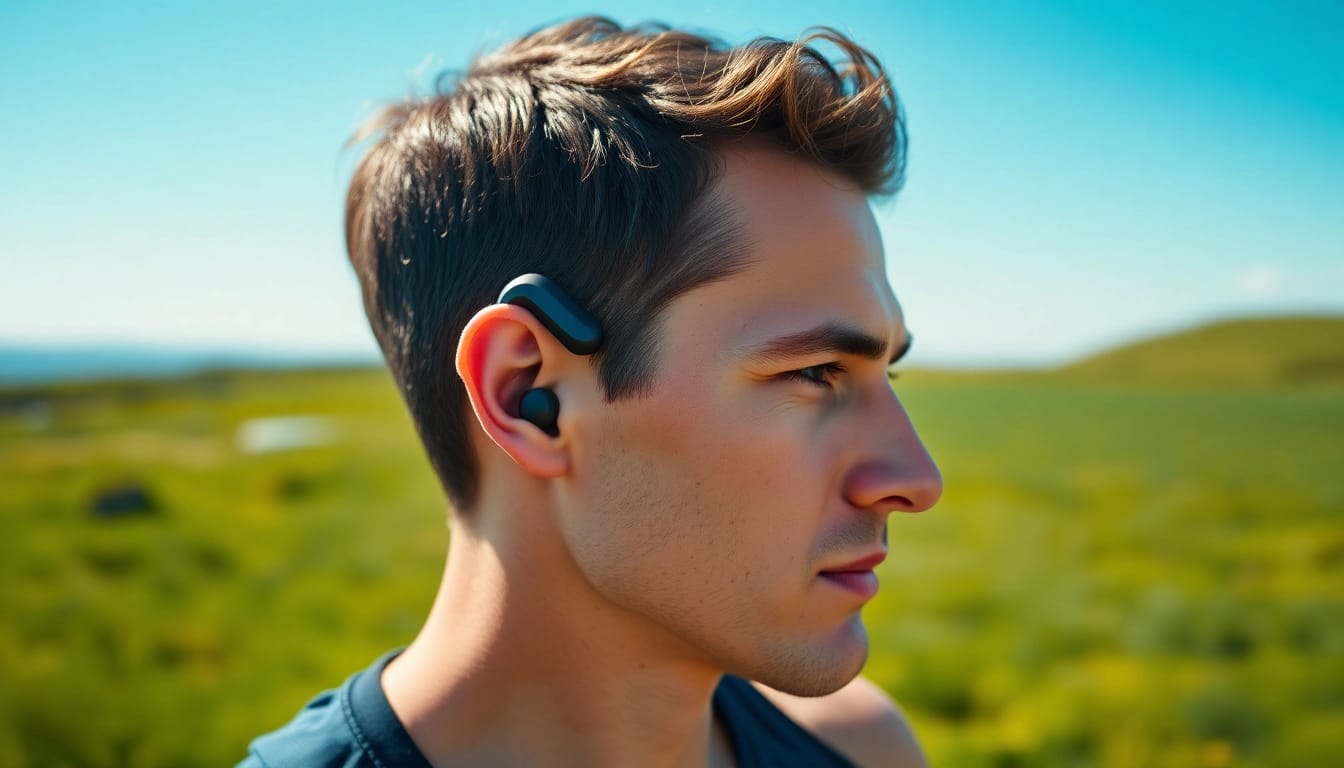 Experience F1 Bone Conduction Headphones worn by an athlete in an outdoor environment showcasing their sporty appeal.