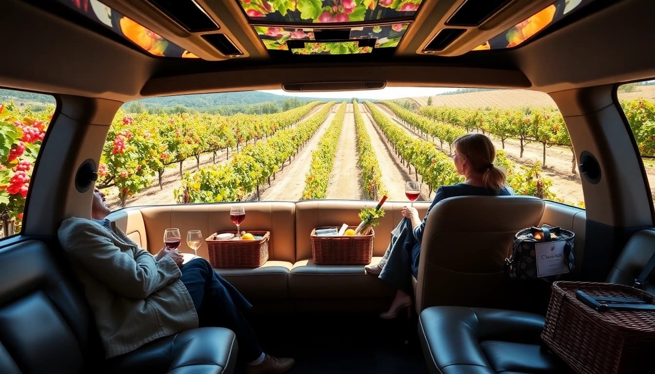 Experience a luxurious winery tour limousine amidst beautiful vineyards, perfect for a scenic getaway.