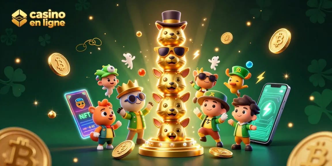 Jouez sur un casino en ligne avec un totem animé et des pièces de crypto-monnaie illuminées.