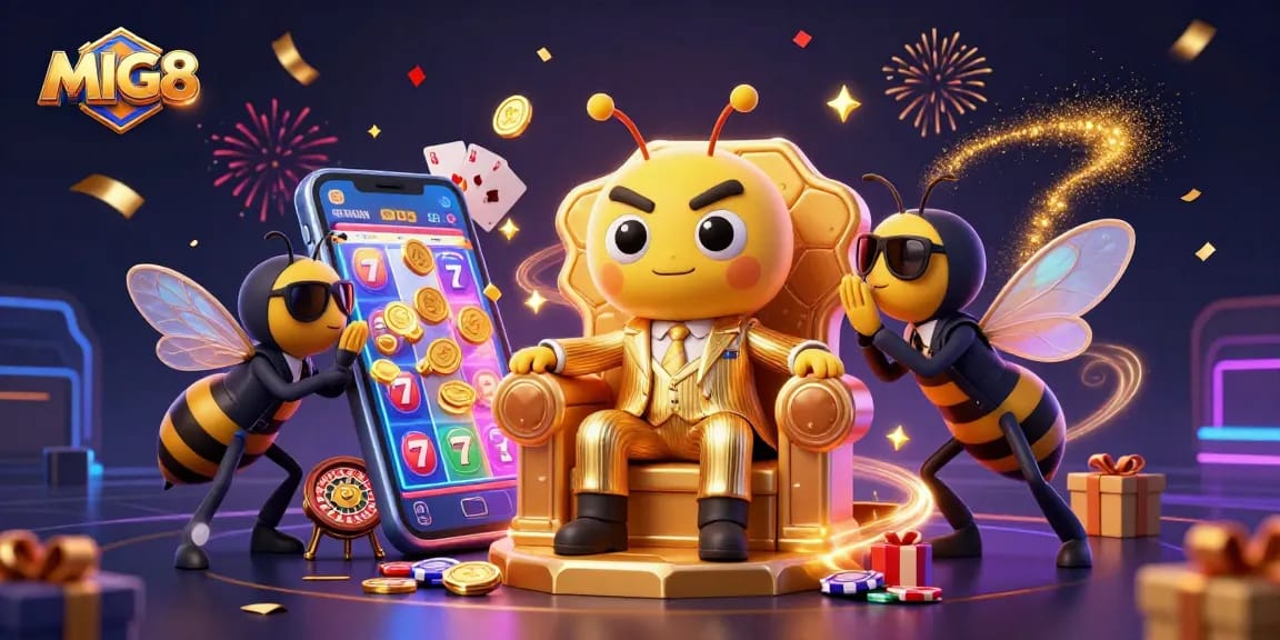 MIG8 invites players to explore a vibrant casino world with a 3D cartoon bumblebee mob boss and exciting slot games.