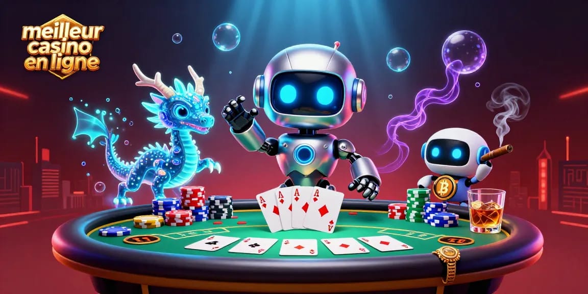 Jouez sur le meilleur casino en ligne avec un robot cyberpunk et un dragon holographique au poker.
