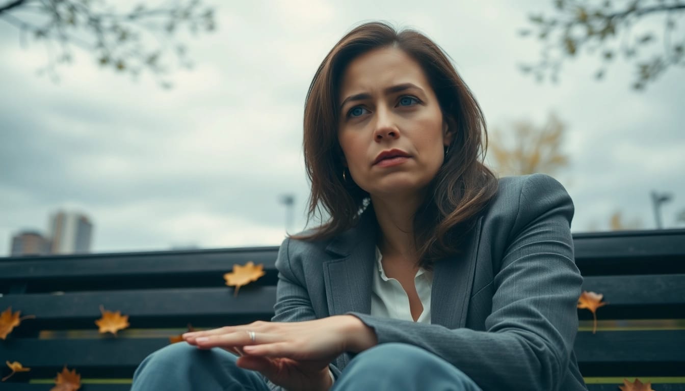 Person reflecting on depression symptoms in a serene natural setting with autumn leaves.