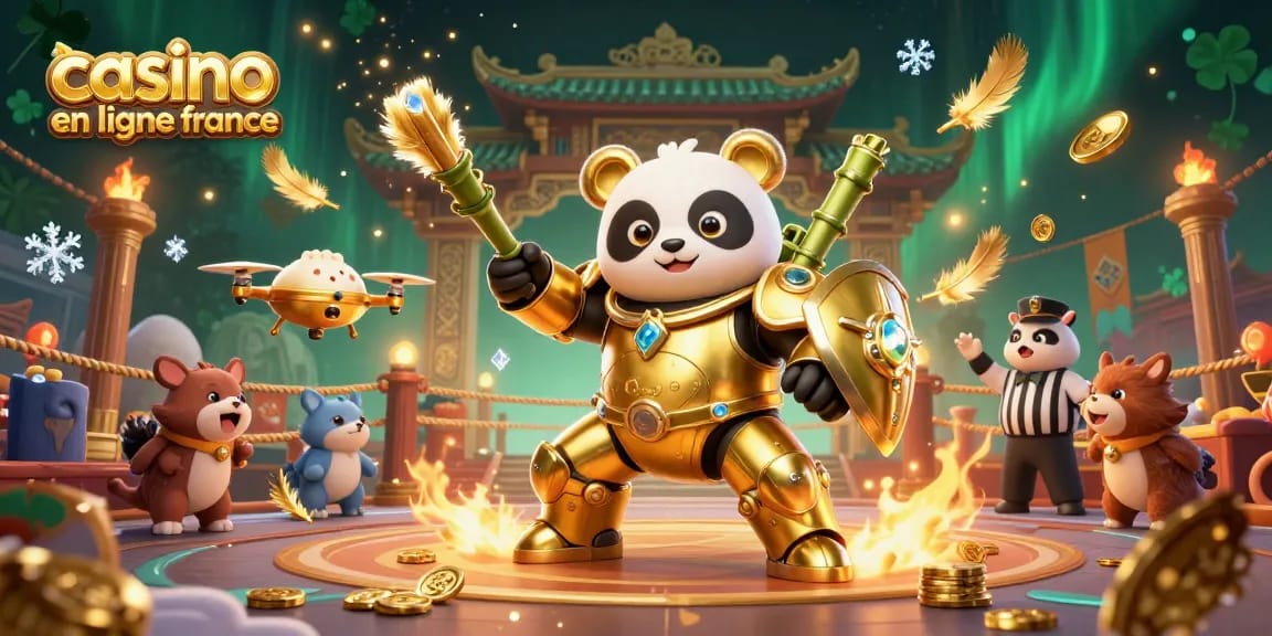 Illustration dynamique de combat dans le casino en ligne France avec un panda en armure et des spectateurs amusés.