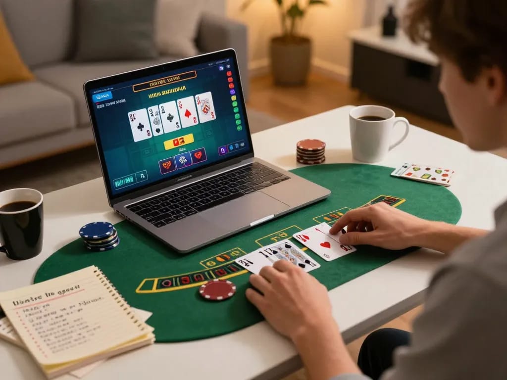 KJC player enjoying online blackjack game strategy at home desk with laptop interface visible.