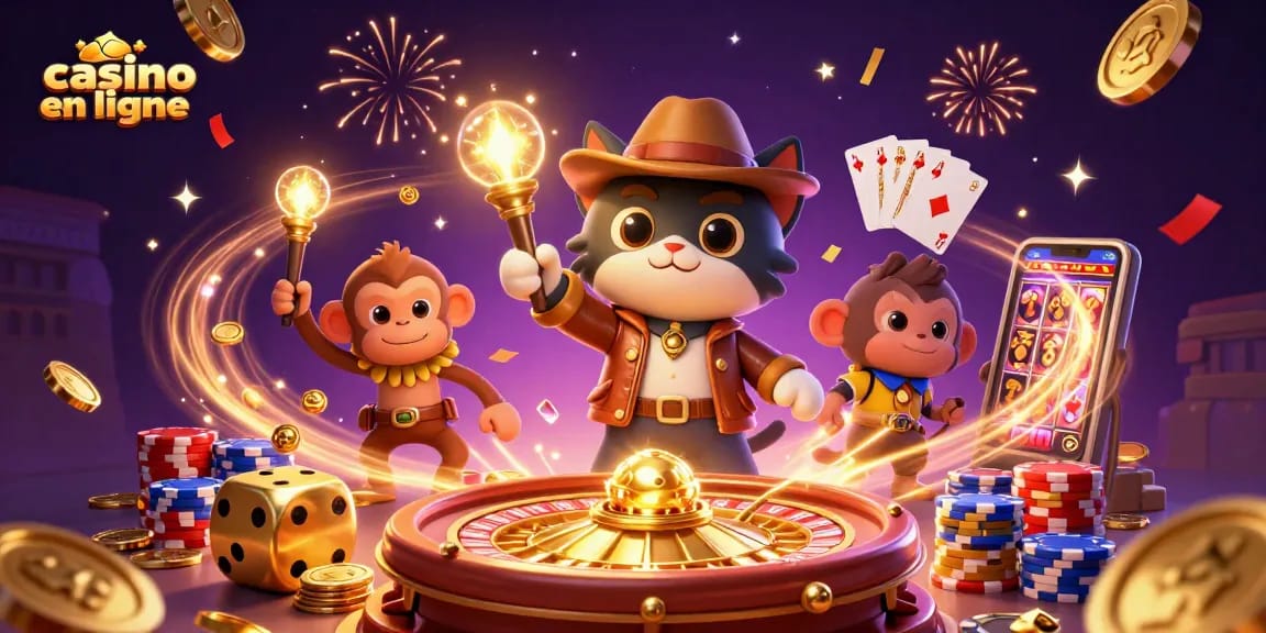 Découverte d'un artefact du casino en ligne par un explorateur félin et son compagnon.