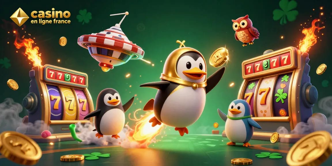 Une animation dynamique illustrant un casino en ligne France avec des personnages 3D et des éléments colorés.