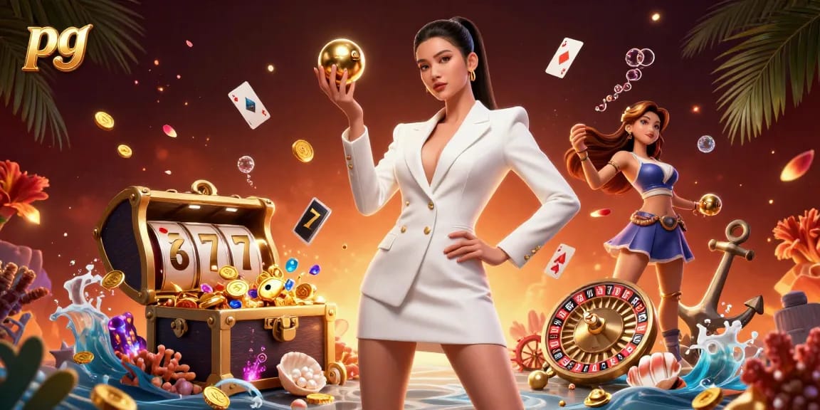Experience thrilling pg gameplay with vibrant slot elements and a confident dealer in a luxury casino scene.