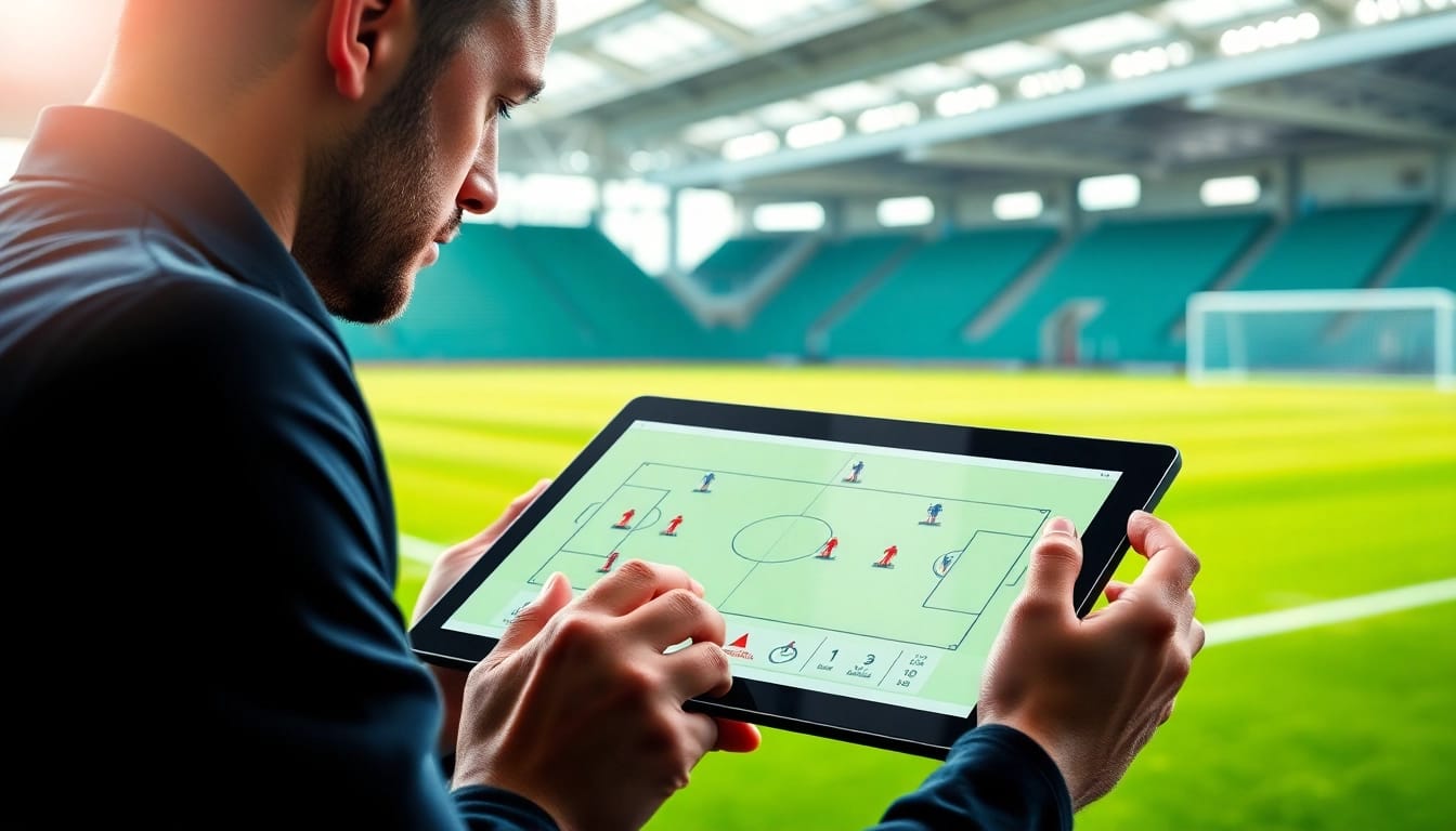 Analyze วิเคราะห์บอล statistics on a digital tablet surrounded by soccer field and play data.
