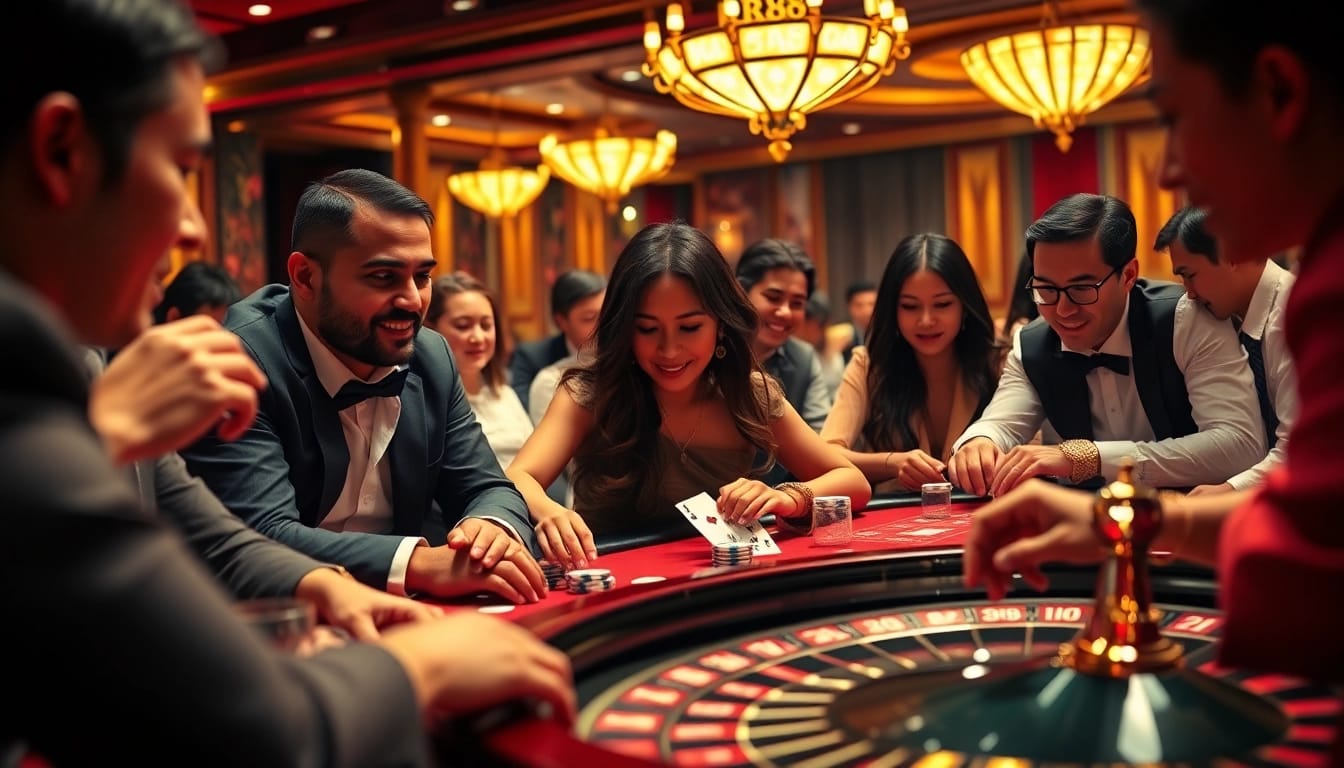 Players enjoying an engaging casino experience with the RR88 theme, featuring cards and roulette wheels.