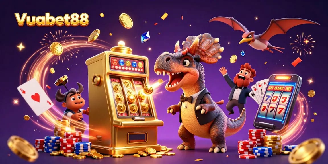 Vuabet88 features a 3D dinosaur jackpot scene with vibrant golden coins and games highlighting fun gambling.