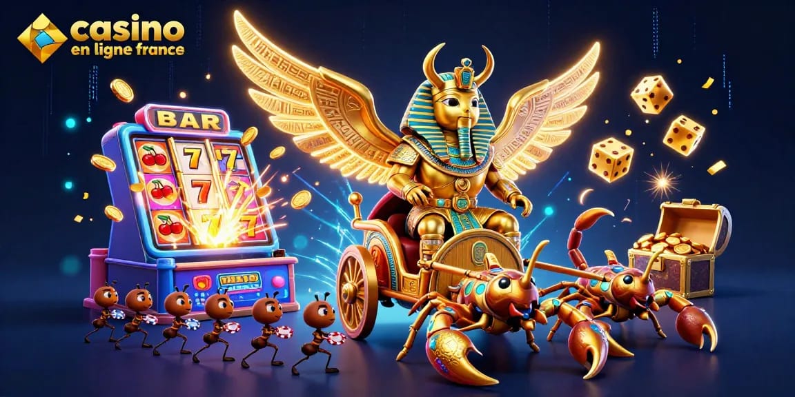 Visualisez le monde passionnant des jeux sur casino en ligne France avec un scarabée doré et des symboles de machines à sous.