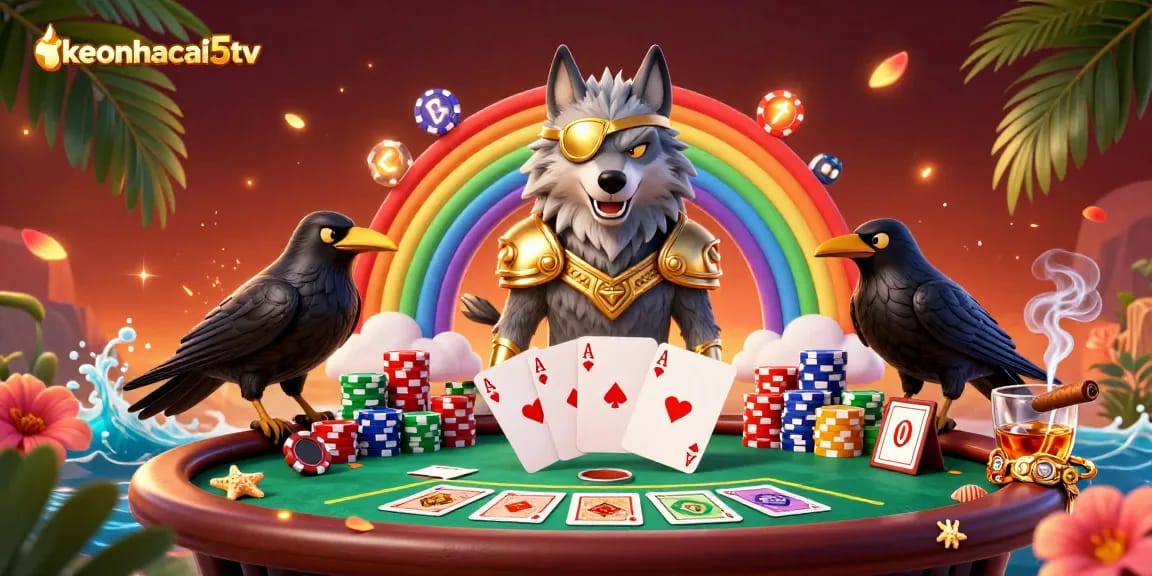 Engage with keonhacai5tv as a dynamic 3D illustration showcasing Odin wolf and ravens in a vibrant casino setting.