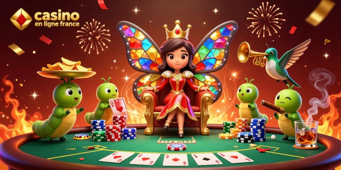 Gagnez en jouant à des jeux de casino en ligne France avec une reine papillon et des jetons dorés.