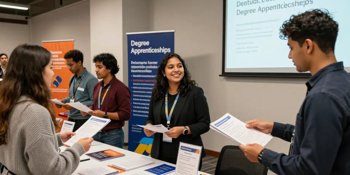 Engaged young adults exploring degree apprenticeships at a vibrant career fair.