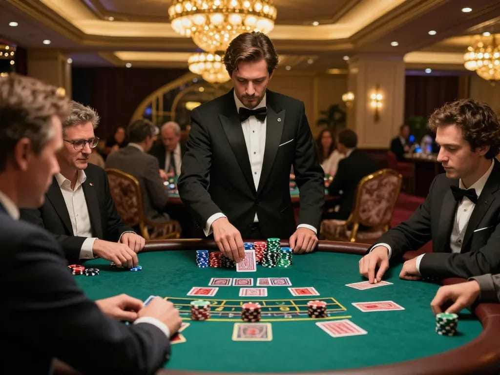 77WIN players strategizing at a high-stakes blackjack table in a luxury casino setting