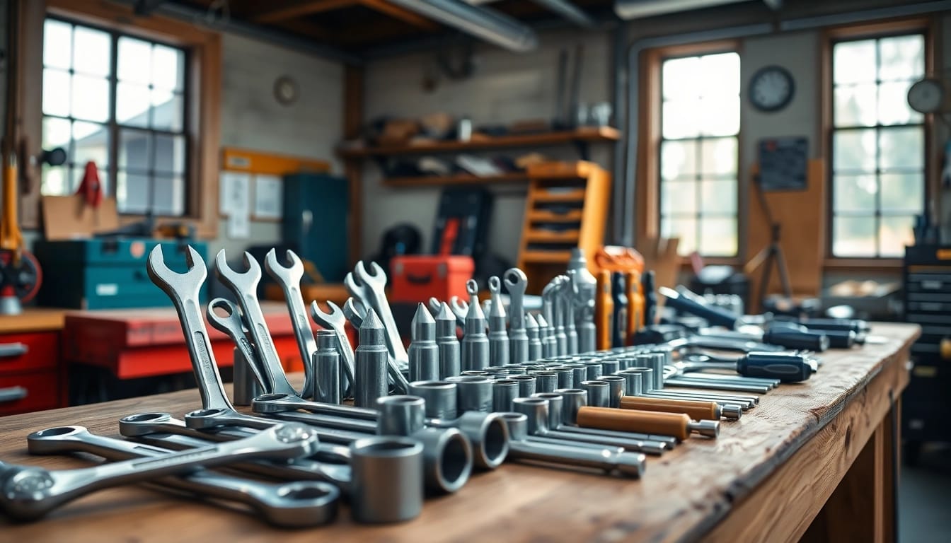 Entdecken Sie brillante Werkzeuge, die in einer professionellen Werkstatt ausgestellt sind und qualitativ hochwertige Handwerkskunst und Innovation demonstrieren.