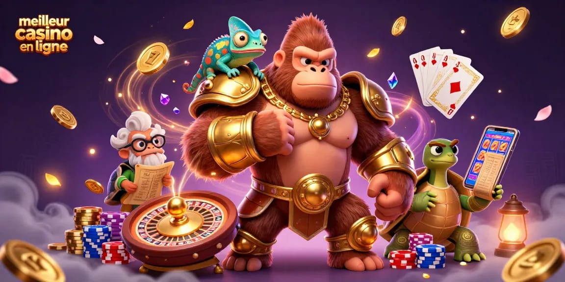 Illustration dynamique illustrant le meilleur casino en ligne, avec un gorille en armure et un caméléon.